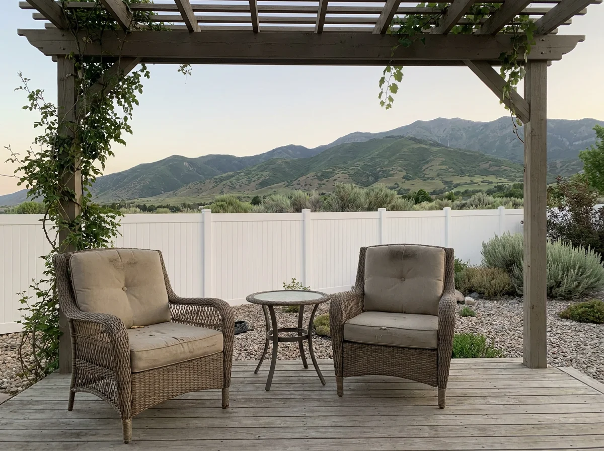 Covered pergola patio with two chairs facing green Utah County foothills