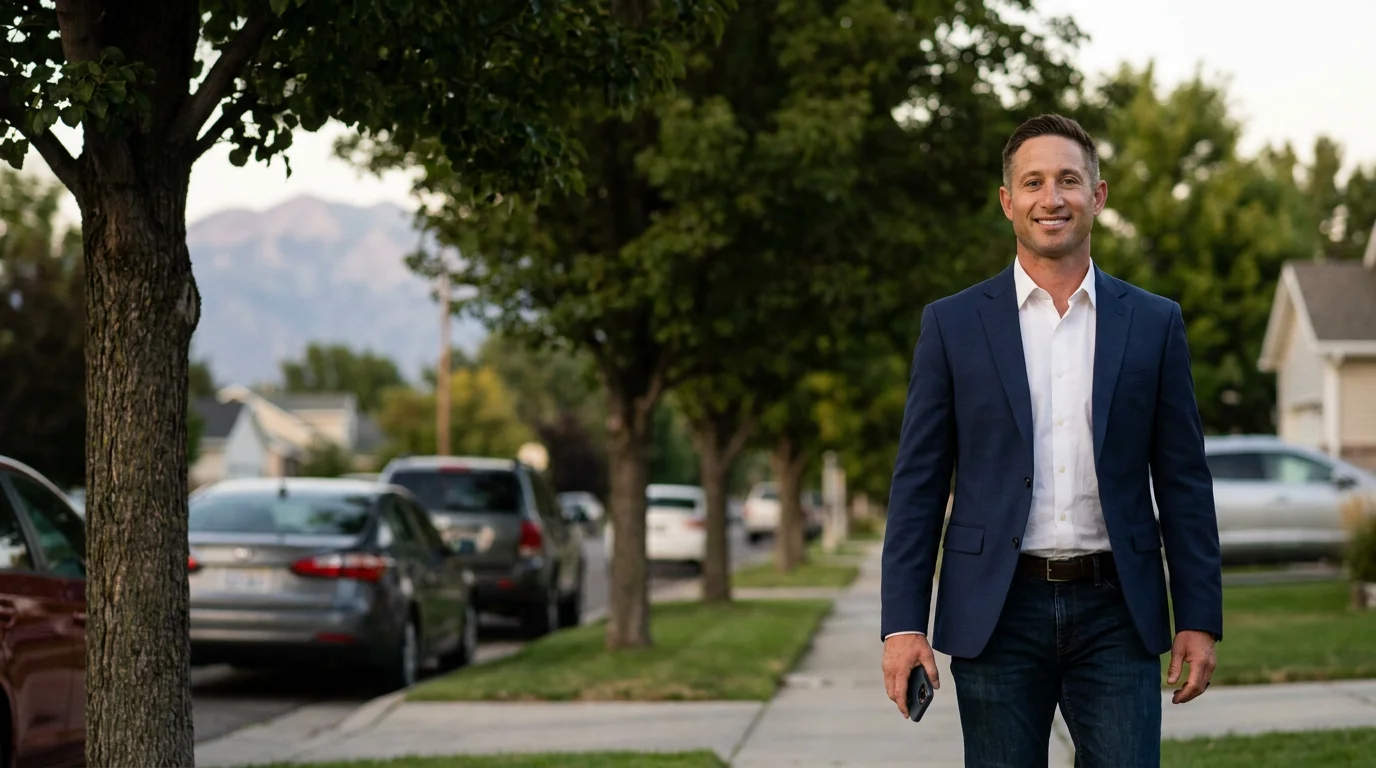 Greg Schwarz walking down a tree-lined Utah County street in the evening