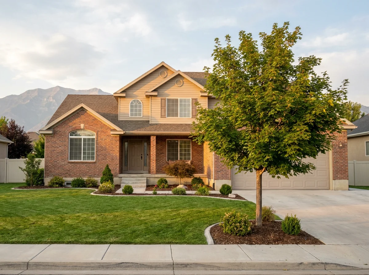 Well-kept brick two-story home with a mature maple tree in Orem, Utah