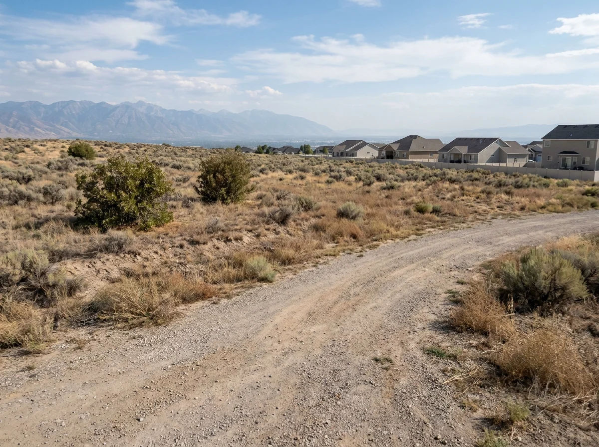 Open sagebrush building lot with a gravel road and a wide view of Utah Valley