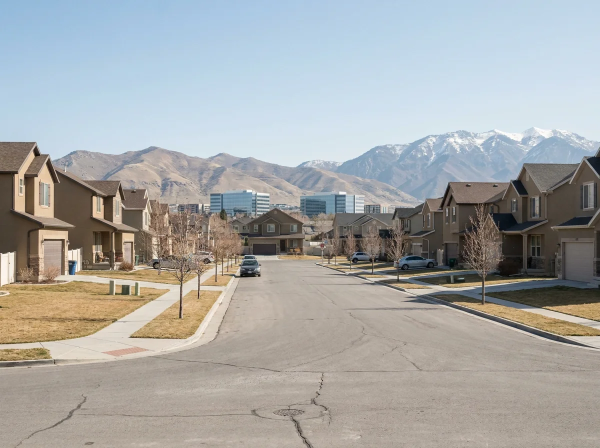 Lehi neighborhood street with Silicon Slopes office buildings and the Wasatch Range beyond