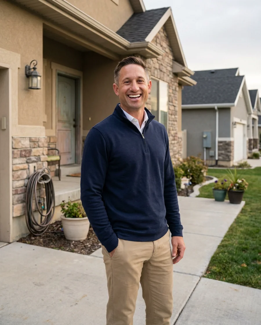 Greg Schwarz on the front walk of a Utah County home
